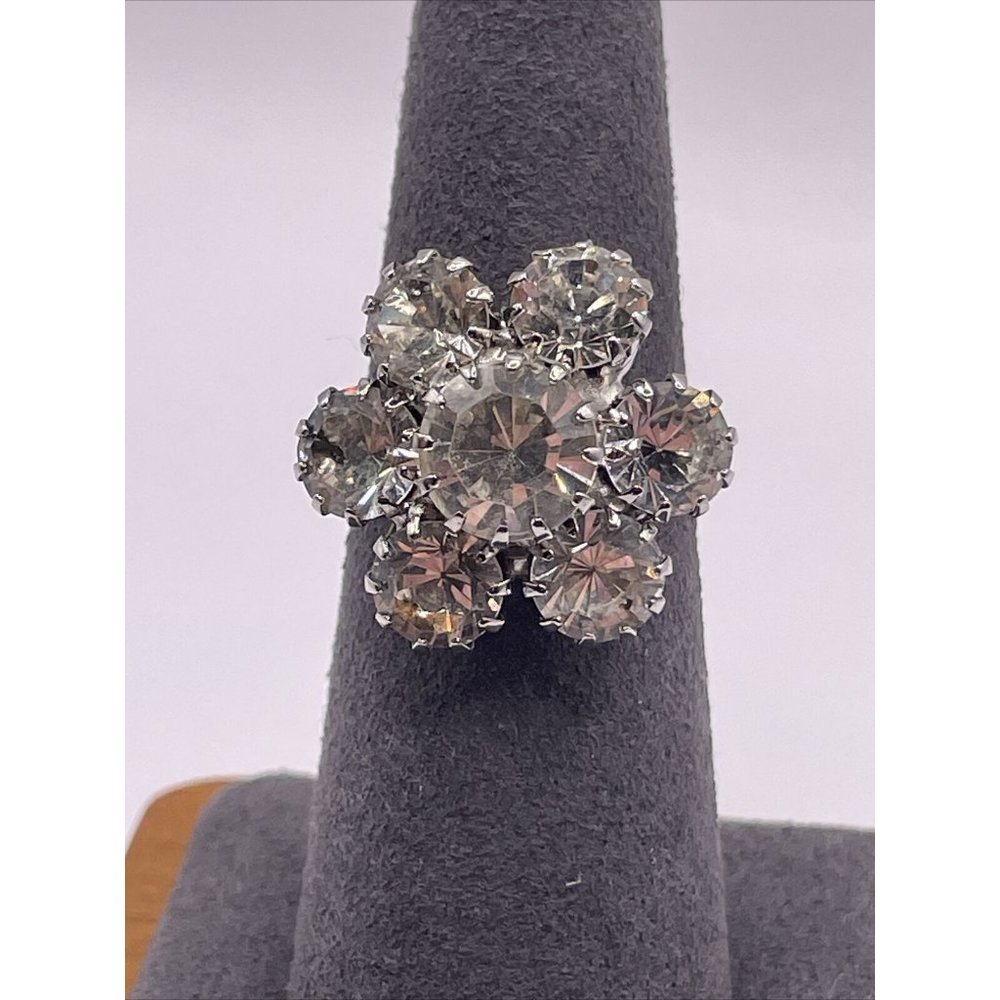 Vintage Clear Rhinestone Prong Set Adjustable Flower‎ Ring Silver Tone 3D Floral - Picture 4 of 15